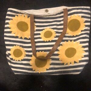 Canvas Black and White Striped With Wool Felt Raised Sunflowers Tote Bag